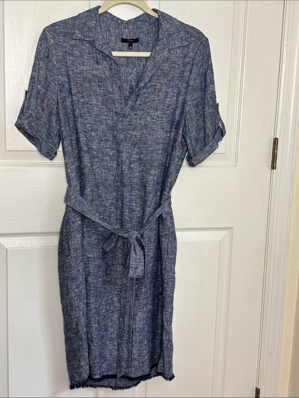 DREW Navy Blue Linen Cotton Blend Belted Shirt Dress Size Small pockets raw hem